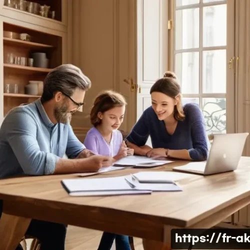 Home 32 재정 계획의 주기적 점검 필요성 - A modern French family sitting around a kitchen table filled with a laptop, notebooks, and a smartph...