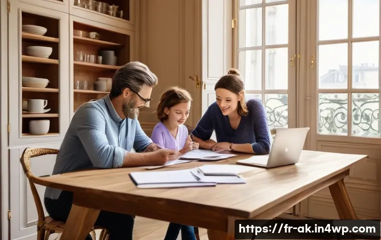 재정 계획의 주기적 점검 필요성 - A modern French family sitting around a kitchen table filled with a laptop, notebooks, and a smartph...