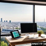 Home 18 자산 가치 상승을 위한 투자 전략 - A sophisticated French investor’s modern home office overlooking Paris skyline, featuring multiple h...